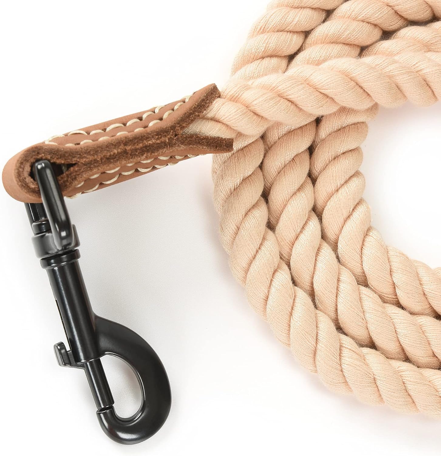 Braided Cotton Rope Leash with Leather Tip - Heavy Duty Metal Clasp, 6FT, 1/2" Thick for Small Medium Large Dogs