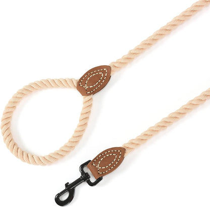 Braided Cotton Rope Leash with Leather Tip - Heavy Duty Metal Clasp, 6FT, 1/2" Thick for Small Medium Large Dogs