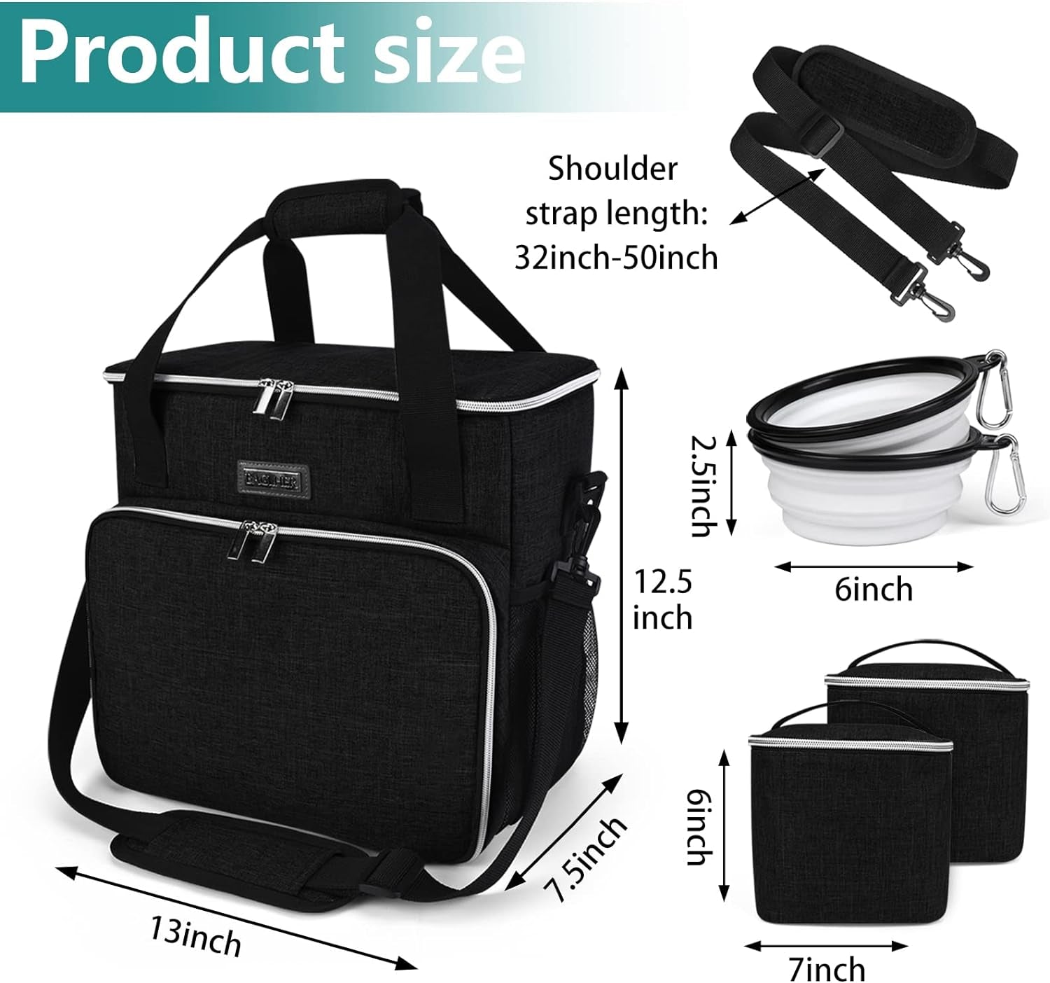 Pet Travel Bag , with 2 Pet Food Containers and 2 Collapsible Silicone Bowls