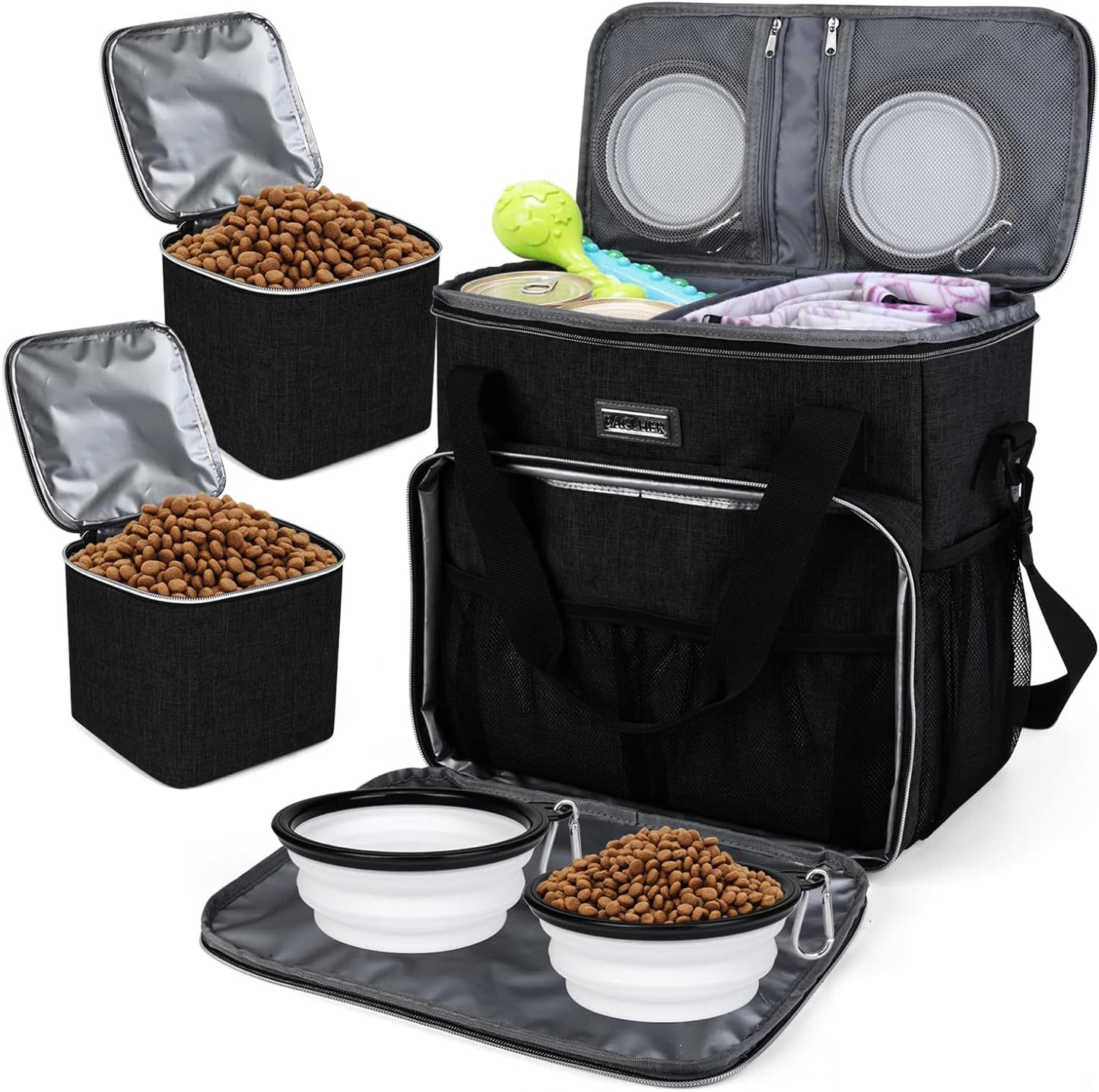 Pet Travel Bag , with 2 Pet Food Containers and 2 Collapsible Silicone Bowls