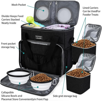 Pet Travel Bag , with 2 Pet Food Containers and 2 Collapsible Silicone Bowls