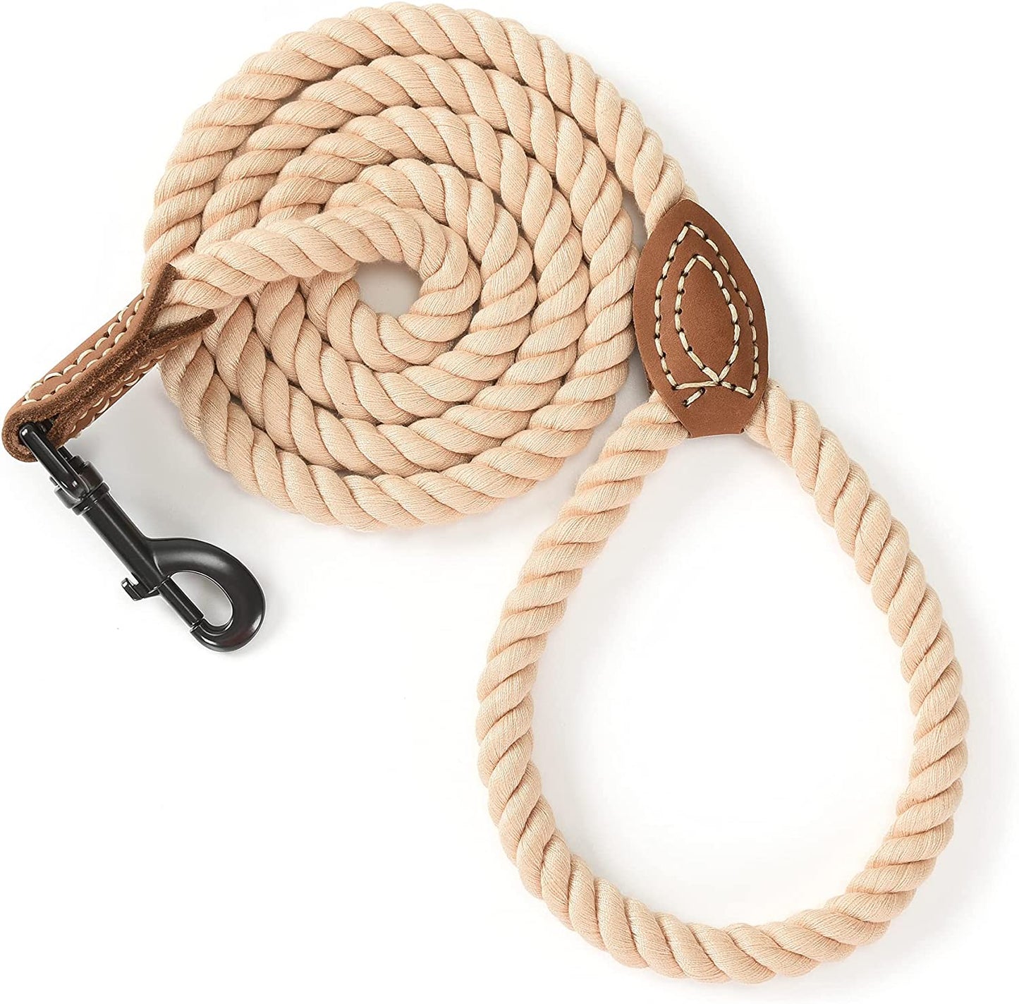 Braided Cotton Rope Leash with Leather Tip - Heavy Duty Metal Clasp, 6FT, 1/2" Thick for Small Medium Large Dogs